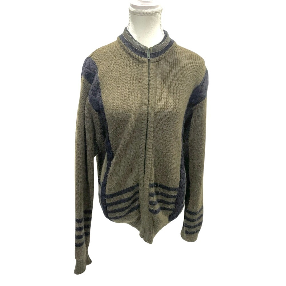 Vintage Wool Camel Hair Olive Navy Full Zip Cardigan Mens Large Chantal